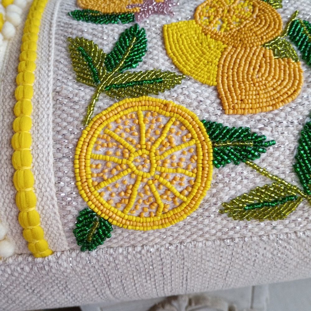 NEW America & Beyond Beaded Lemon Pom Pom Woven Cotton Summer Travel Beach Tote - Picture 5 of 16